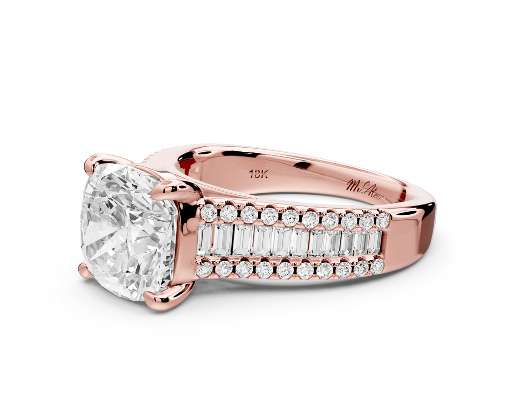 Estelle - 3ct 18k rose gold cushion diamond with emerald and round cut accent stones half band cathedral engagement ring - Mr. Alex Jewelry