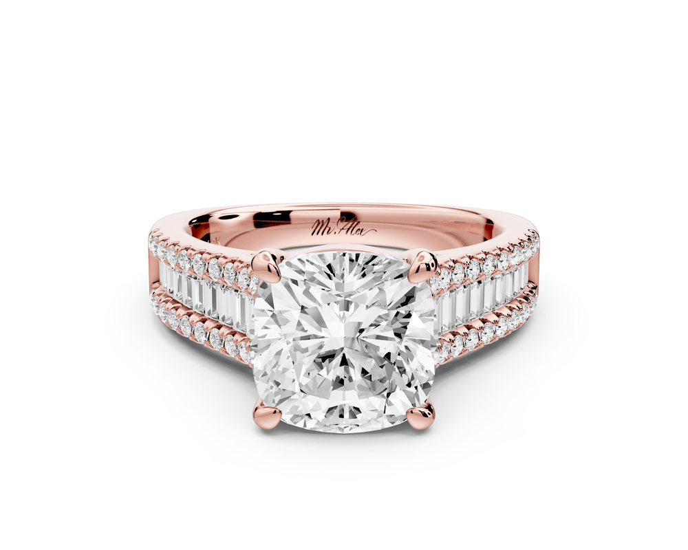 Estelle - 3ct 18k rose gold cushion diamond with emerald and round cut accent stones half band cathedral engagement ring - Mr. Alex Jewelry