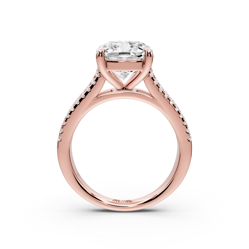 Estelle - 3ct 18k rose gold cushion diamond with emerald and round cut accent stones half band cathedral engagement ring - Mr. Alex Jewelry