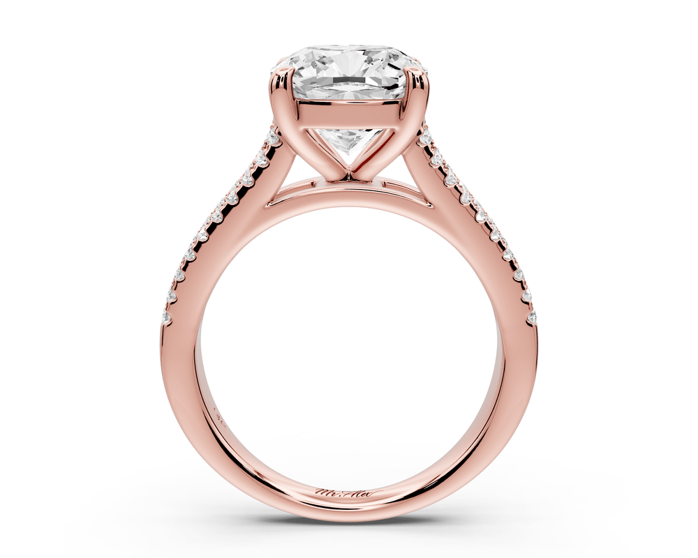 Estelle - 3ct 18k rose gold cushion diamond with emerald and round cut accent stones half band cathedral engagement ring - Mr. Alex Jewelry