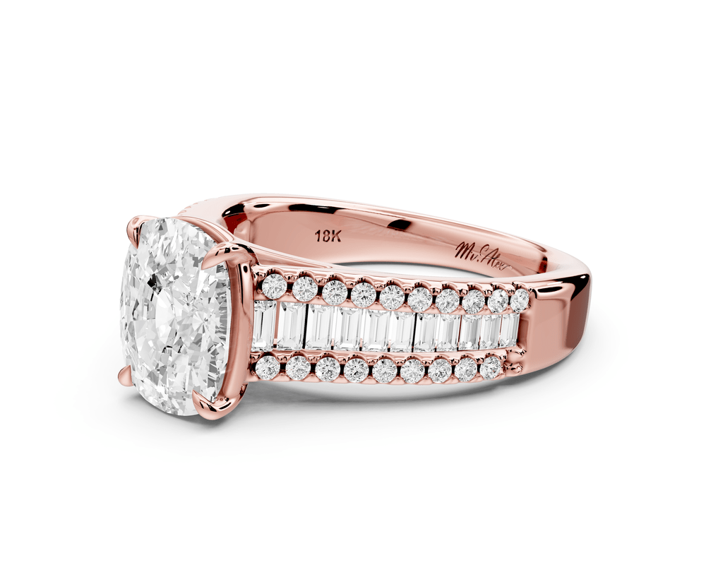 Estelle - 3ct 18k rose gold ecushion diamond with emerald and round cut accent stones half band cathedral engagement ring - Mr. Alex Jewelry