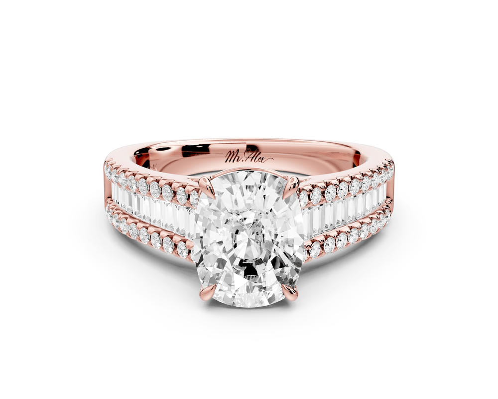 Estelle - 3ct 18k rose gold ecushion diamond with emerald and round cut accent stones half band cathedral engagement ring - Mr. Alex Jewelry