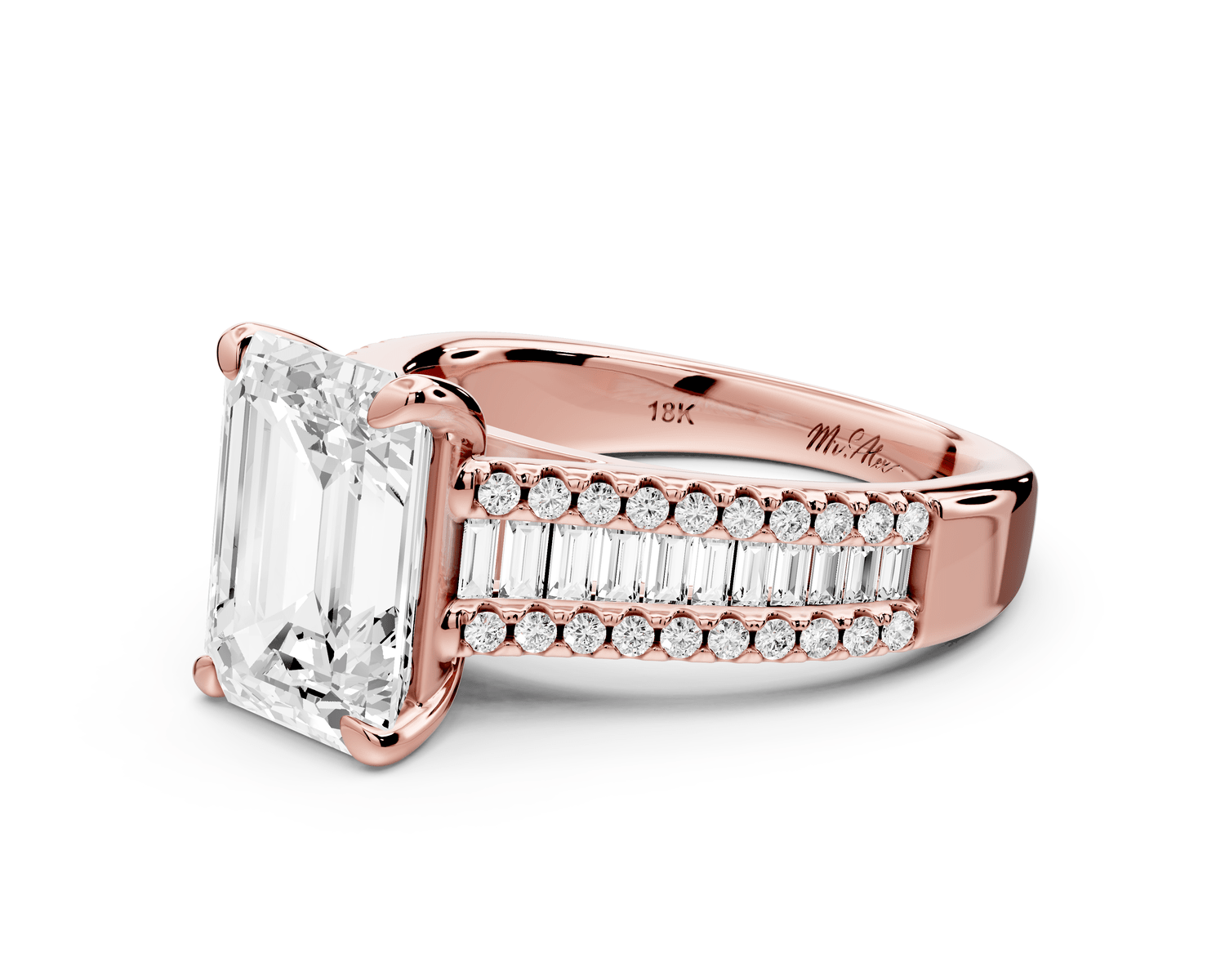 Estelle - 3ct 18k rose gold emerald diamond with emerald and round cut accent stones half band cathedral engagamengt ring - Mr. Alex Jewelry
