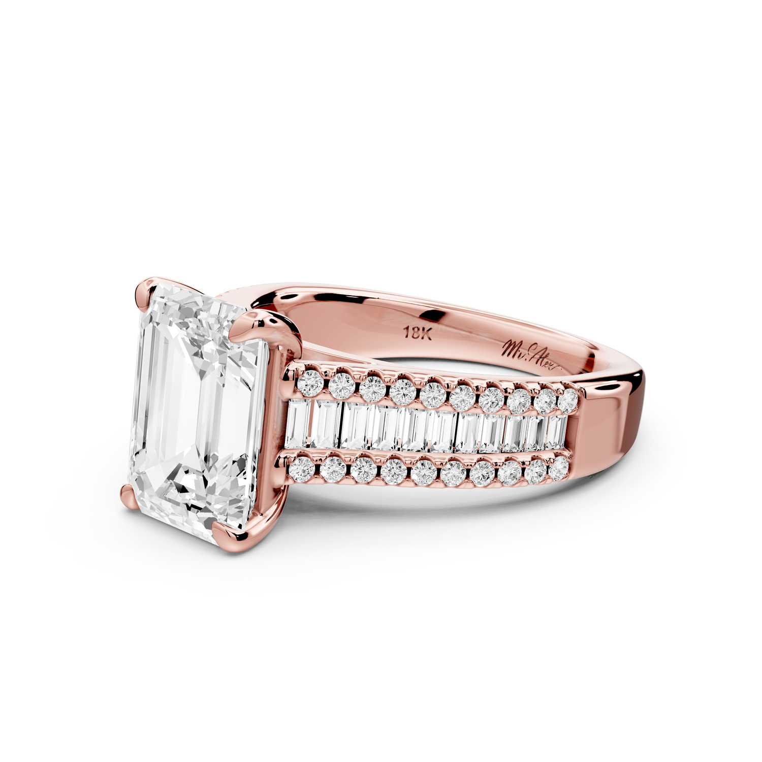 Estelle - 3ct 18k rose gold emerald diamond with emerald and round cut accent stones half band cathedral engagamengt ring - Mr. Alex Jewelry