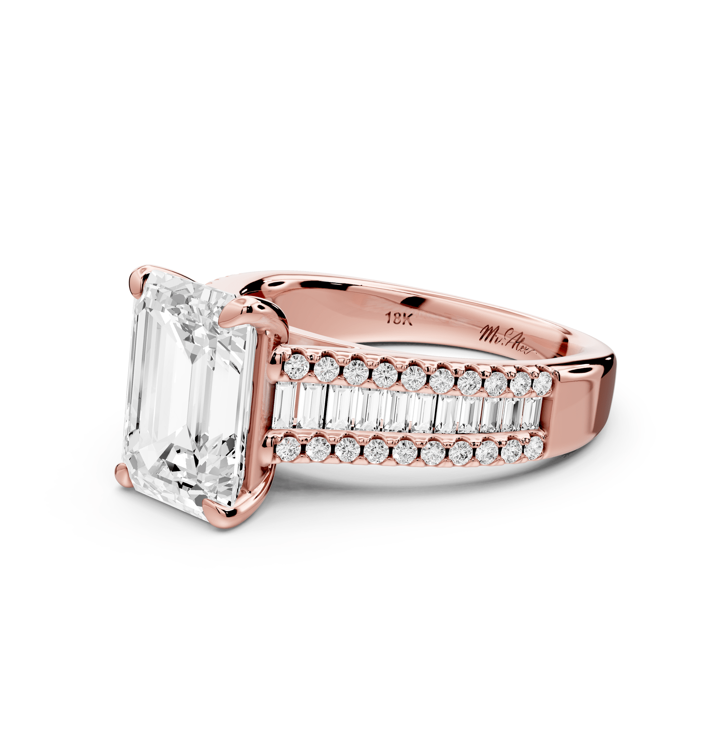 Estelle - 3ct 18k rose gold emerald diamond with emerald and round cut accent stones half band cathedral engagamengt ring - Mr. Alex Jewelry