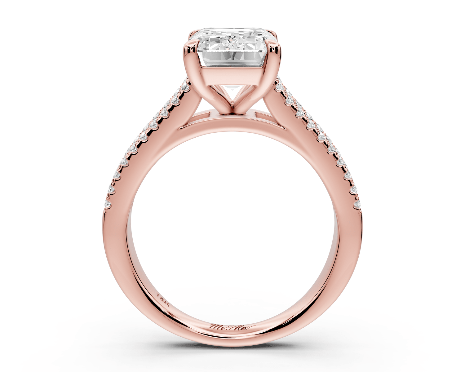 Estelle - 3ct 18k rose gold emerald diamond with emerald and round cut accent stones half band cathedral engagamengt ring - Mr. Alex Jewelry
