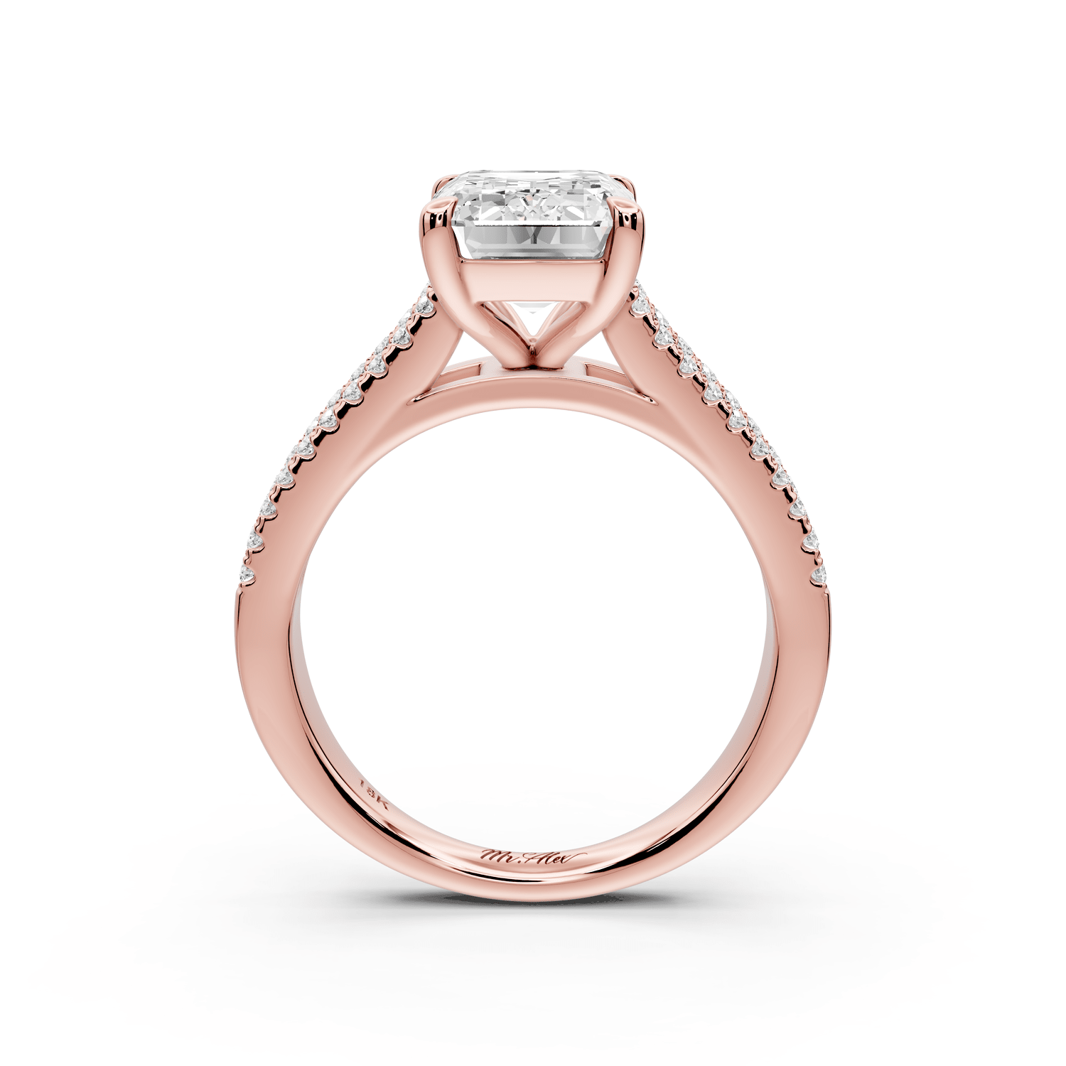 Estelle - 3ct 18k rose gold emerald diamond with emerald and round cut accent stones half band cathedral engagamengt ring - Mr. Alex Jewelry