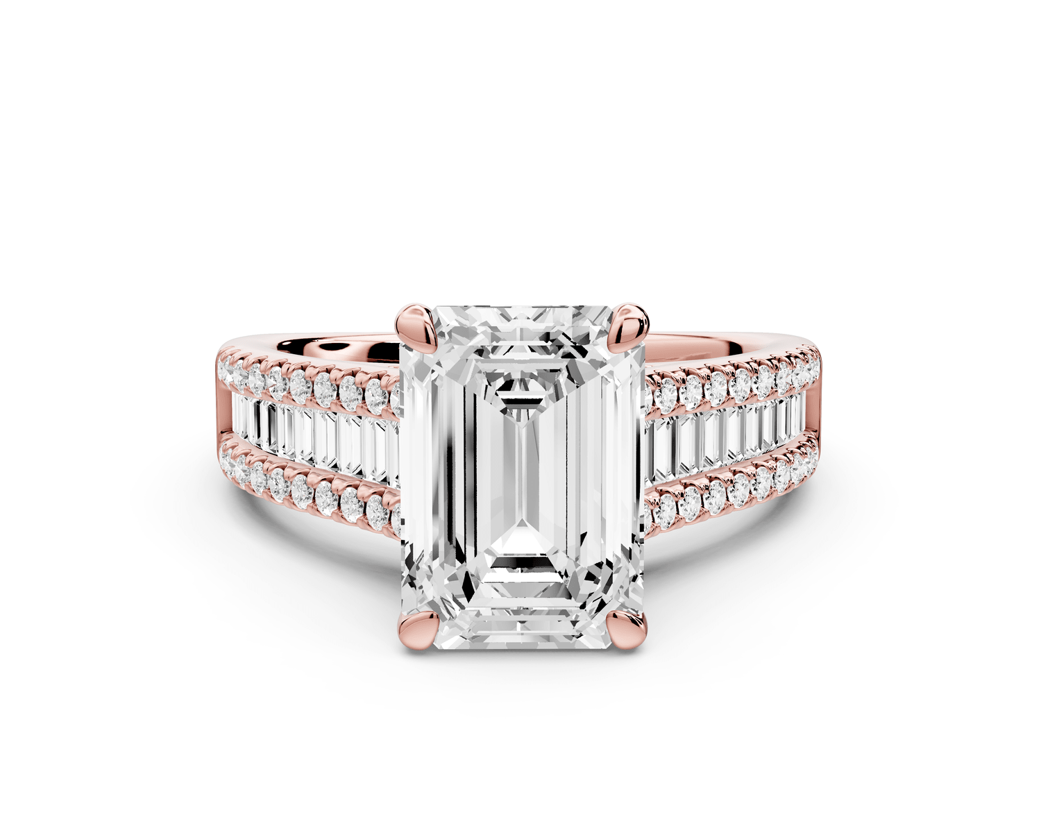 Estelle - 3ct 18k rose gold emerald diamond with emerald and round cut accent stones half band cathedral engagamengt ring - Mr. Alex Jewelry