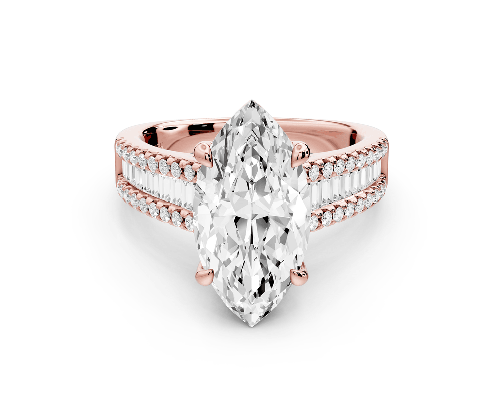 Estelle - 3ct 18k rose gold marquise diamond with emerald and round cut accent stones half band cathedral engagement ring - Mr. Alex Jewelry