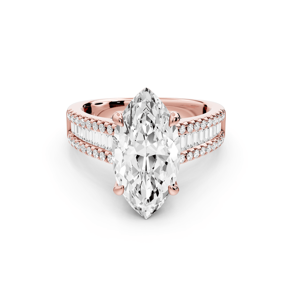 Estelle - 3ct 18k rose gold marquise diamond with emerald and round cut accent stones half band cathedral engagement ring - Mr. Alex Jewelry