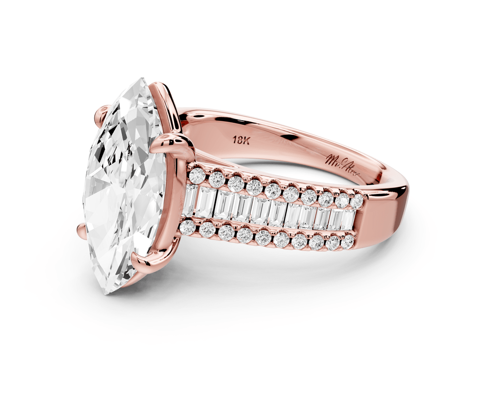 Estelle - 3ct 18k rose gold marquise diamond with emerald and round cut accent stones half band cathedral engagement ring - Mr. Alex Jewelry