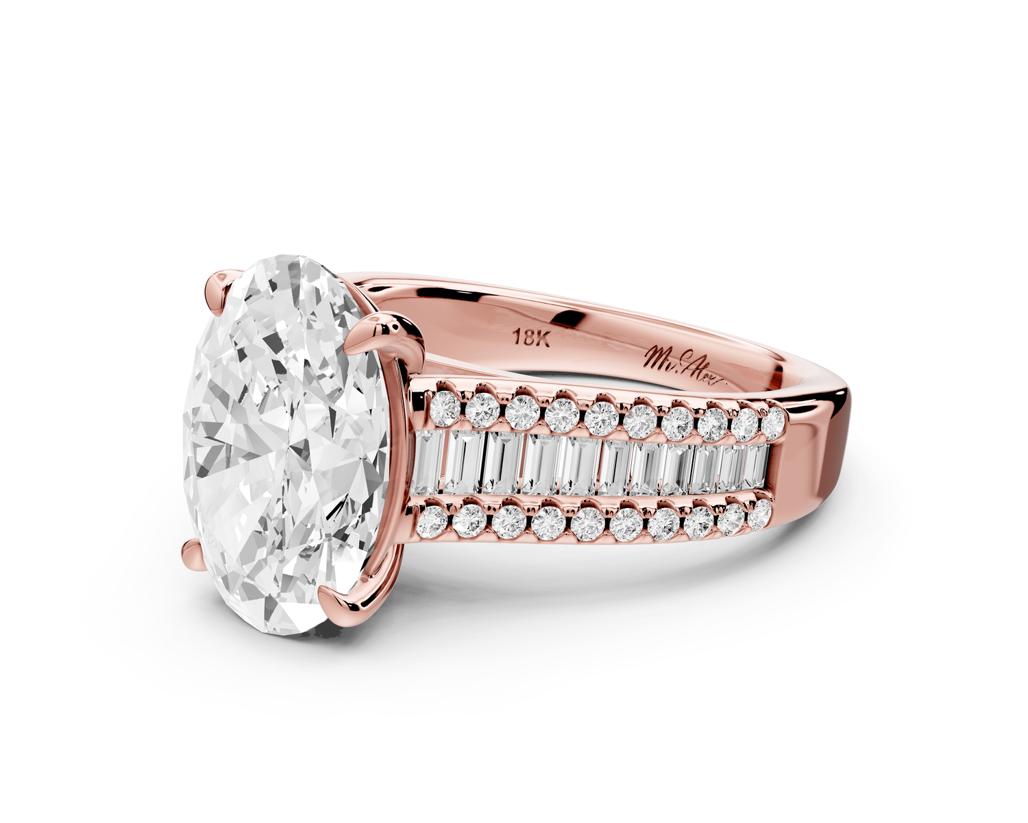 Estelle - 3ct 18k rose gold oval diamond with emerald and round cut accent stones half band cathedral engagamengt ring - Mr. Alex Jewelry