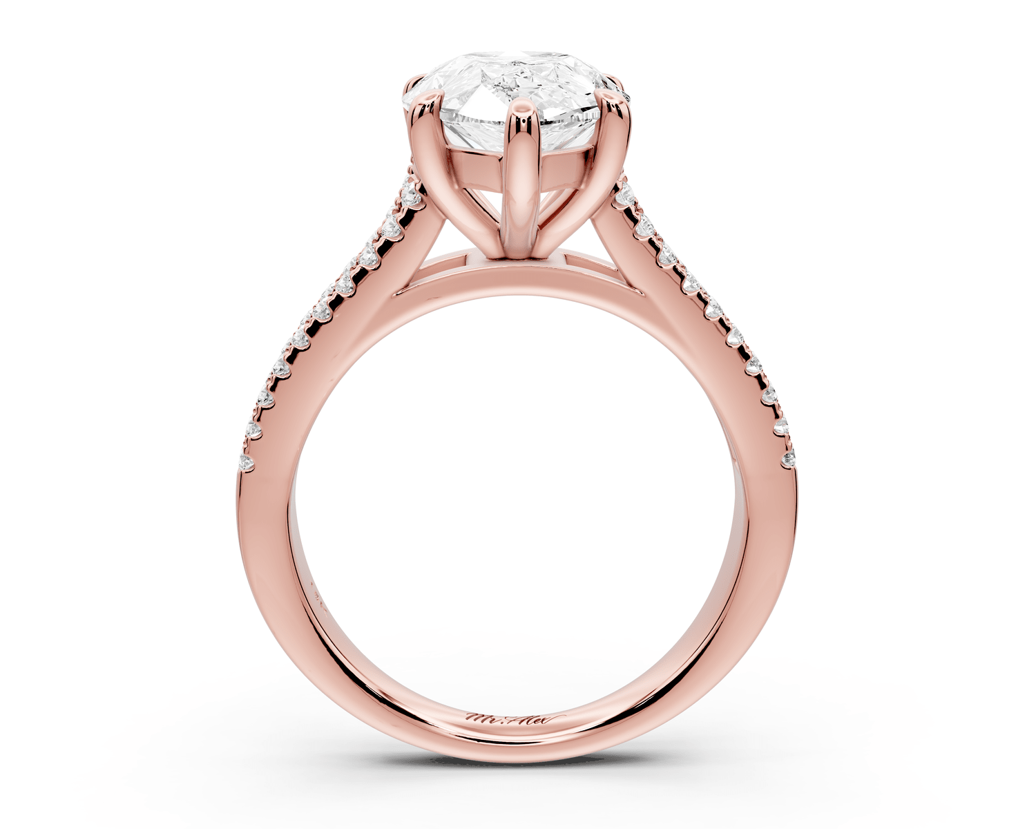Estelle - 3ct 18k rose gold pear diamond with emerald and round cut accent stones half band cathedral engagamengt ring - Mr. Alex Jewelry