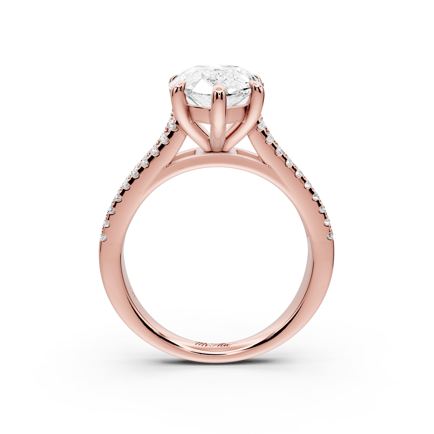 Estelle - 3ct 18k rose gold pear diamond with emerald and round cut accent stones half band cathedral engagamengt ring - Mr. Alex Jewelry