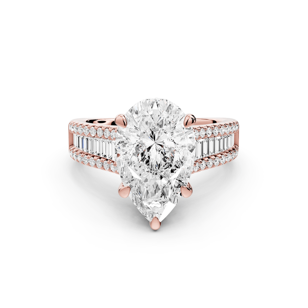 Estelle - 3ct 18k rose gold pear diamond with emerald and round cut accent stones half band cathedral engagamengt ring - Mr. Alex Jewelry