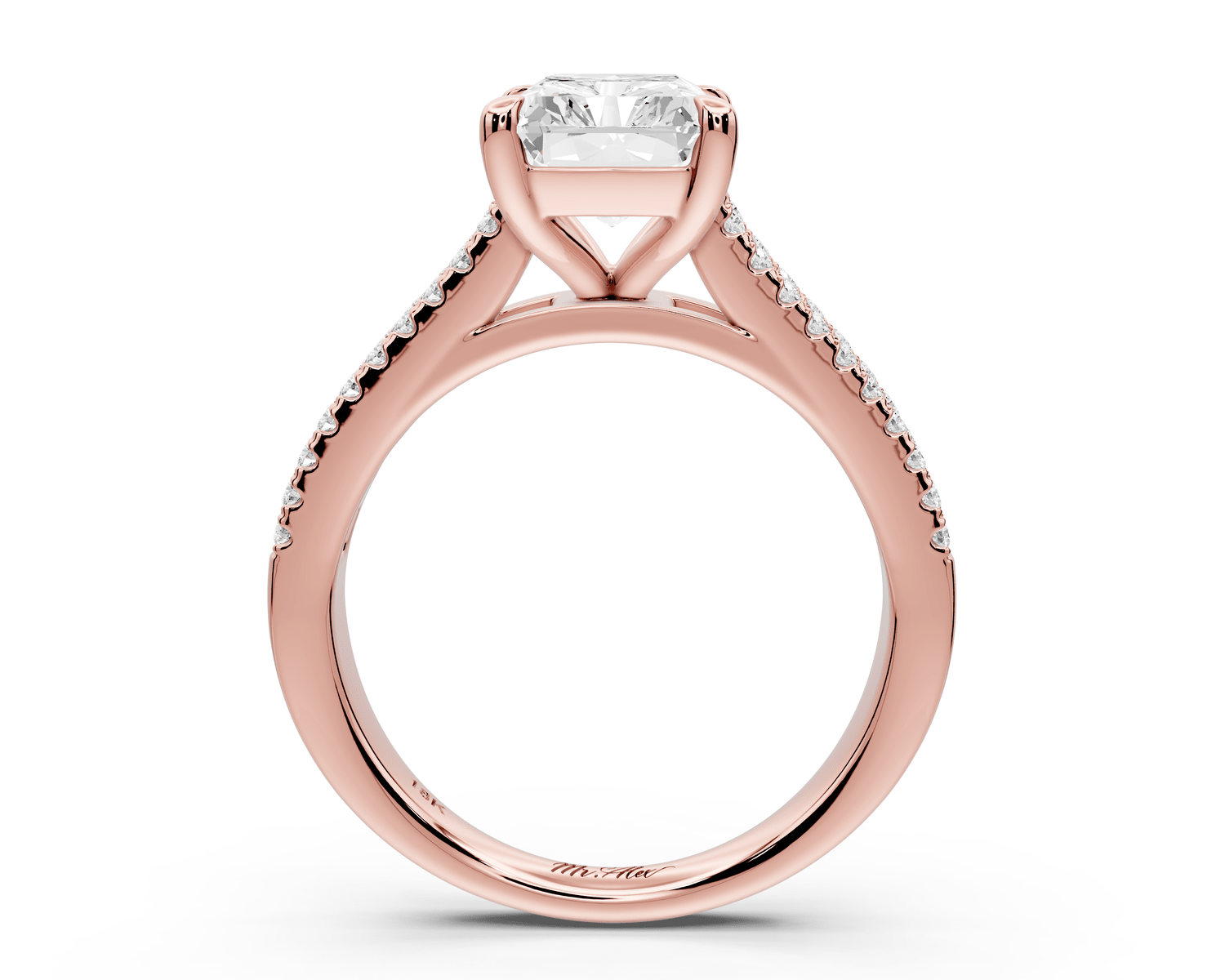 Estelle - 3ct 18k rose gold radiant diamond with emerald and round cut accent stones half band cathedral engagement ring - Mr. Alex Jewelry