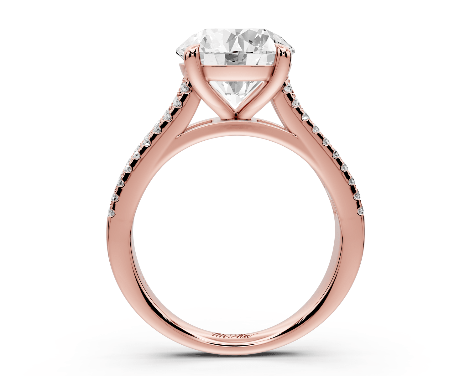 Estelle - 3ct 18k rose gold round diamond with emerald and round cut accent stones half band cathedral engagamengt ring - Mr. Alex Jewelry