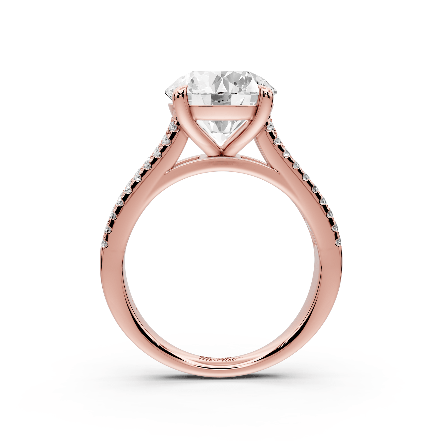 Estelle - 3ct 18k rose gold round diamond with emerald and round cut accent stones half band cathedral engagamengt ring - Mr. Alex Jewelry
