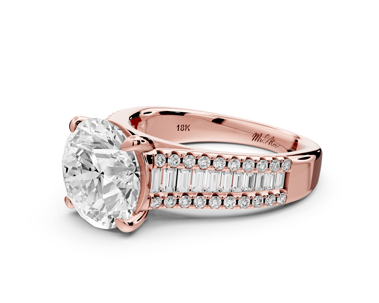 Estelle - 3ct 18k rose gold round diamond with emerald and round cut accent stones half band cathedral engagamengt ring - Mr. Alex Jewelry
