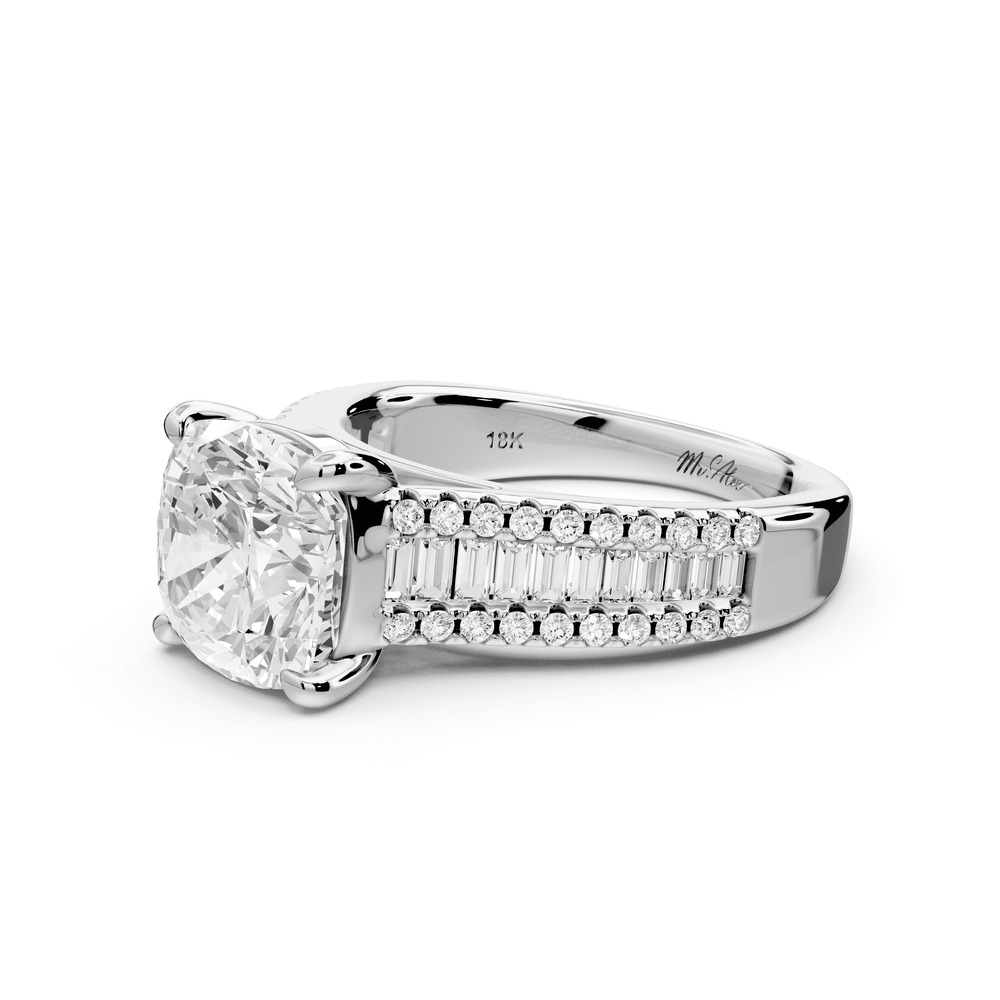 Estelle - 3ct 18k white gold cushion diamond with emerald and round cut accent stones half band cathedral engagement ring - Mr. Alex Jewelry