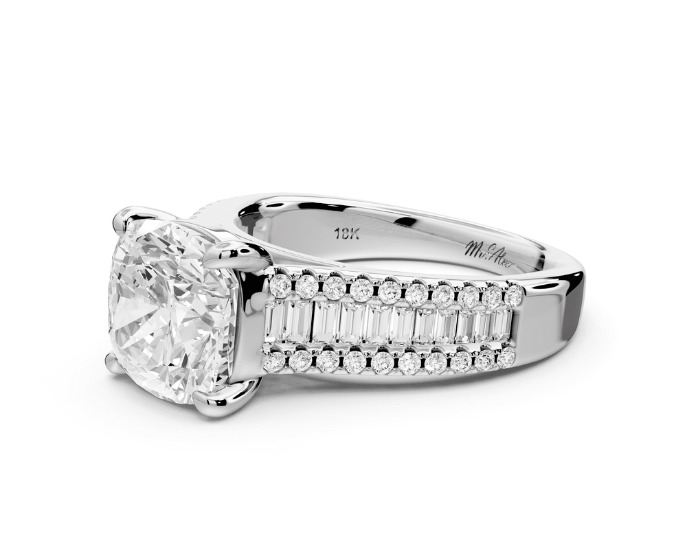 Estelle - 3ct 18k white gold cushion diamond with emerald and round cut accent stones half band cathedral engagement ring - Mr. Alex Jewelry