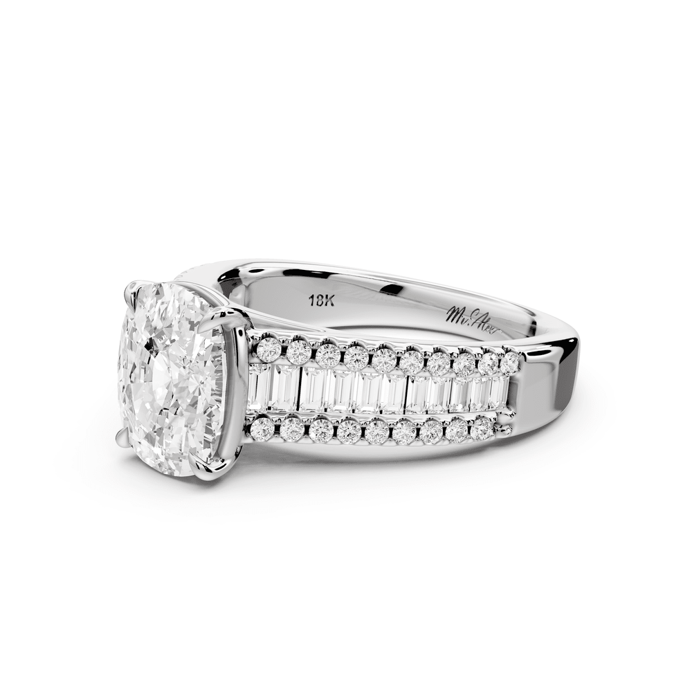 Estelle - 3ct 18k white gold ecushion diamond with emerald and round cut accent stones half band cathedral engagement ring - Mr. Alex Jewelry