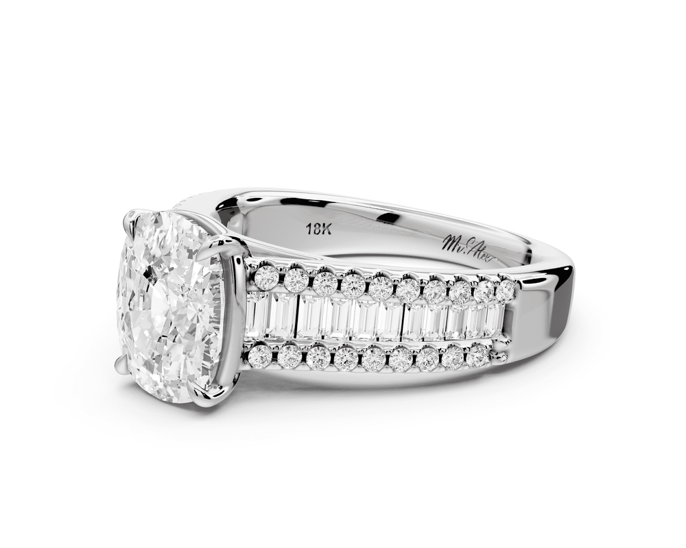 Estelle - 3ct 18k white gold ecushion diamond with emerald and round cut accent stones half band cathedral engagement ring - Mr. Alex Jewelry