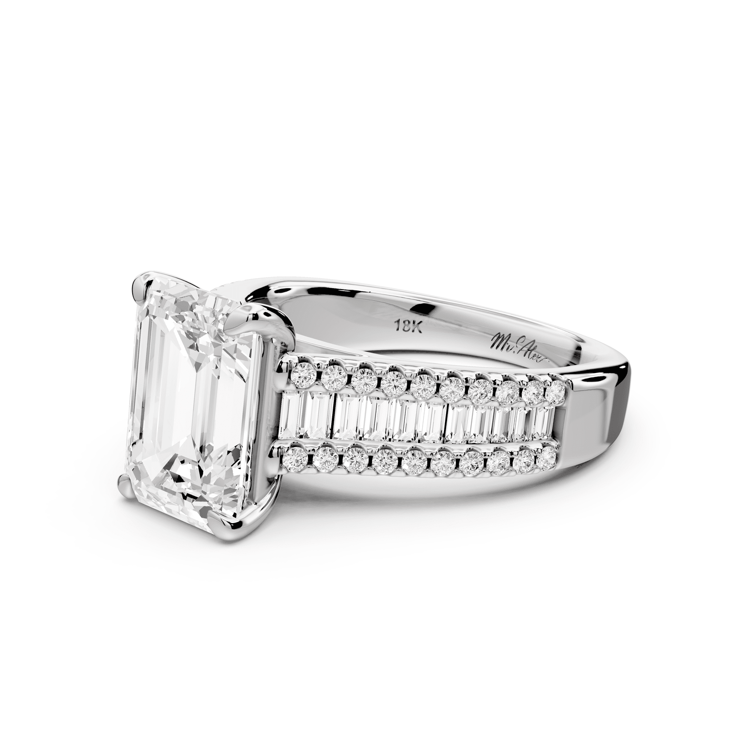 Estelle - 3ct 18k white gold emerald diamond with emerald and round cut accent stones half band cathedral engagamengt ring - Mr. Alex Jewelry