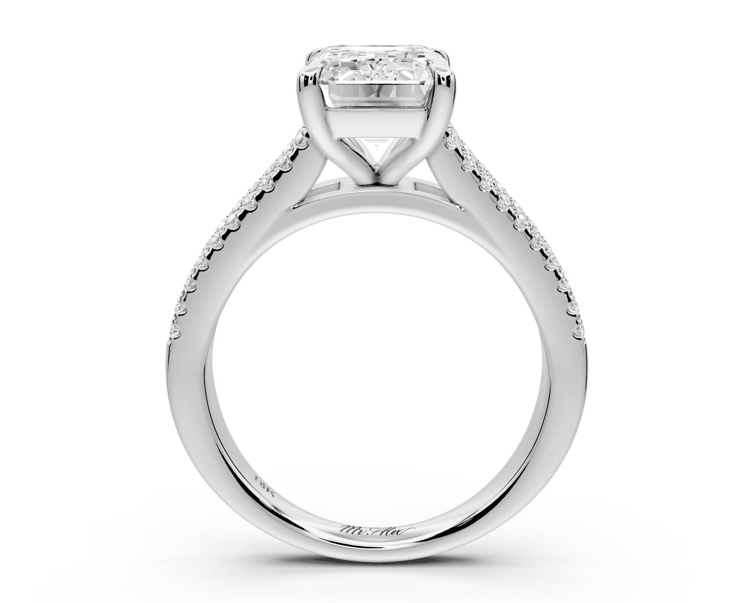 Estelle - 3ct 18k white gold emerald diamond with emerald and round cut accent stones half band cathedral engagamengt ring - Mr. Alex Jewelry