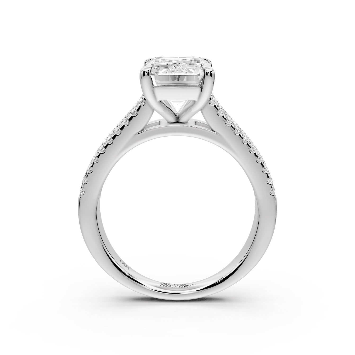 Estelle - 3ct 18k white gold emerald diamond with emerald and round cut accent stones half band cathedral engagamengt ring - Mr. Alex Jewelry