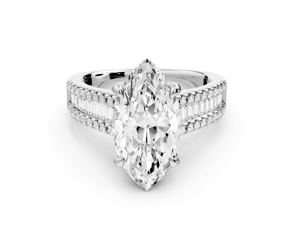 Estelle - 3ct 18k white gold marquise diamond with emerald and round cut accent stones half band cathedral engagement ring - Mr. Alex Jewelry
