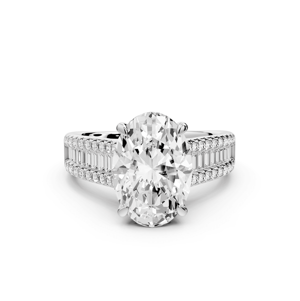 Estelle - 3ct 18k white gold oval diamond with emerald and round cut accent stones half band cathedral engagamengt ring - Mr. Alex Jewelry