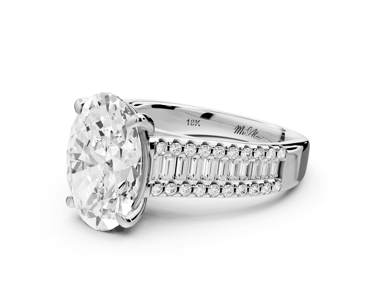 Estelle - 3ct 18k white gold oval diamond with emerald and round cut accent stones half band cathedral engagamengt ring - Mr. Alex Jewelry