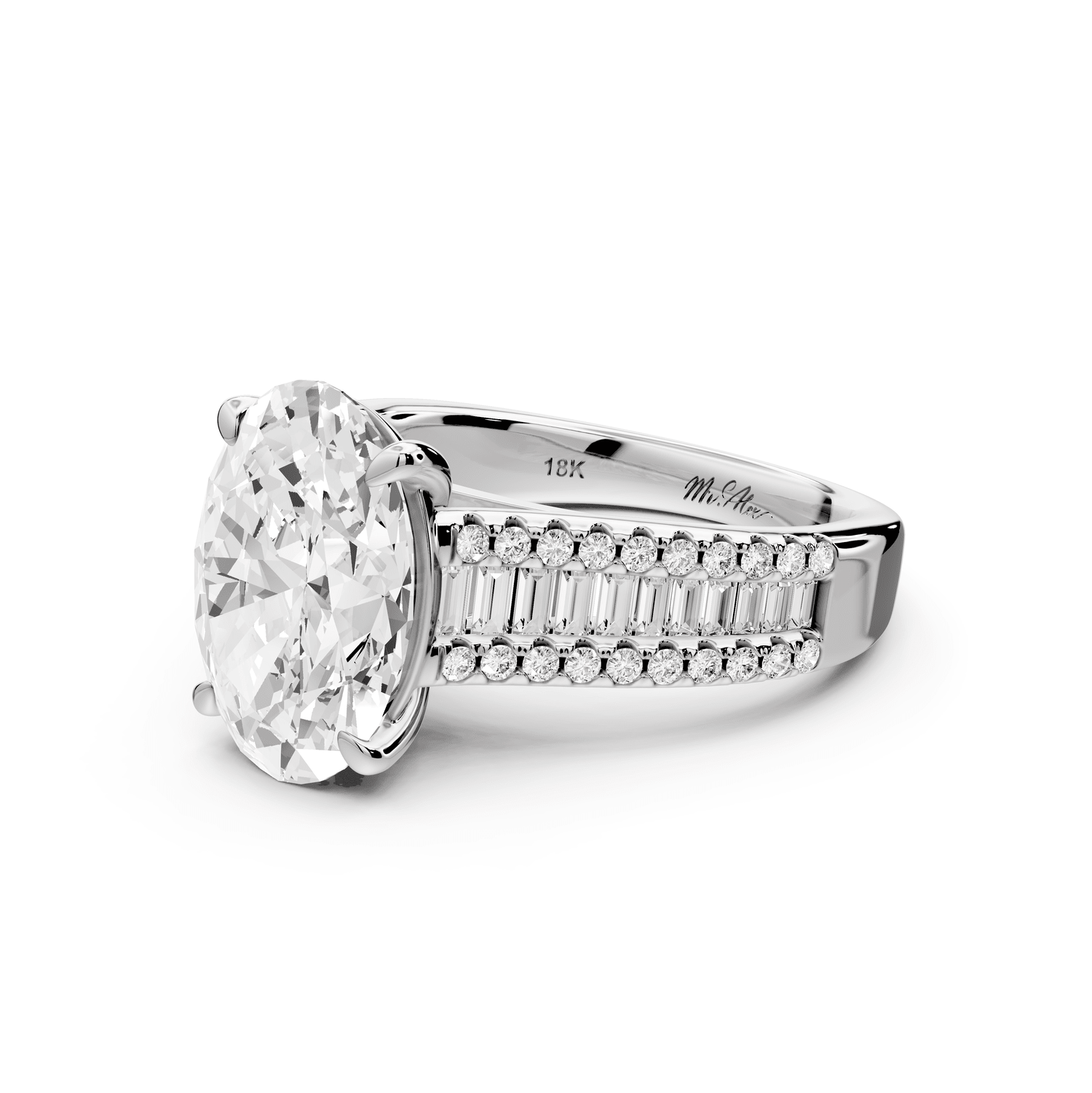 Estelle - 3ct 18k white gold oval diamond with emerald and round cut accent stones half band cathedral engagamengt ring - Mr. Alex Jewelry