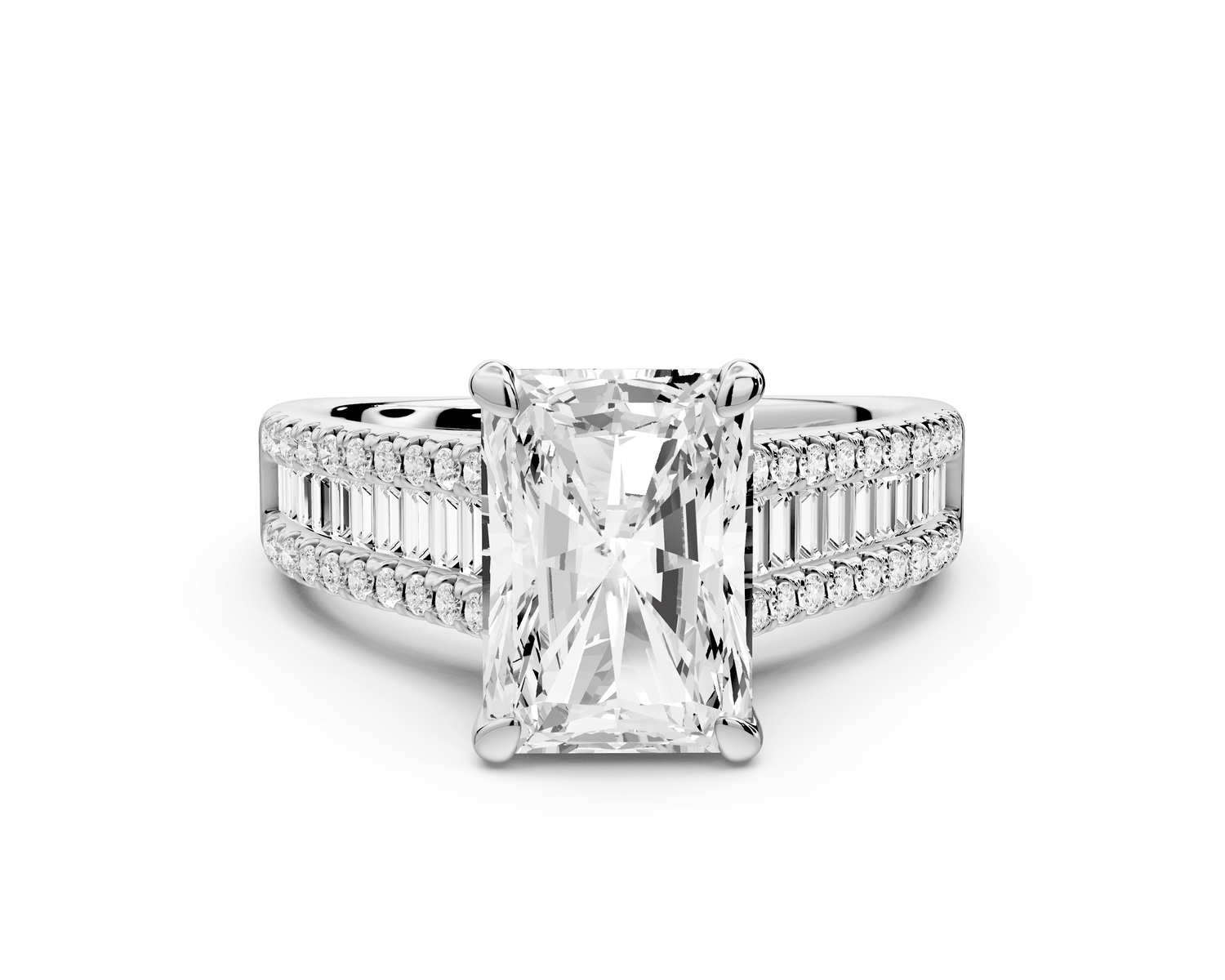 Estelle - 3ct 18k white gold radiant diamond with emerald and round cut accent stones half band cathedral engagement ring - Mr. Alex Jewelry