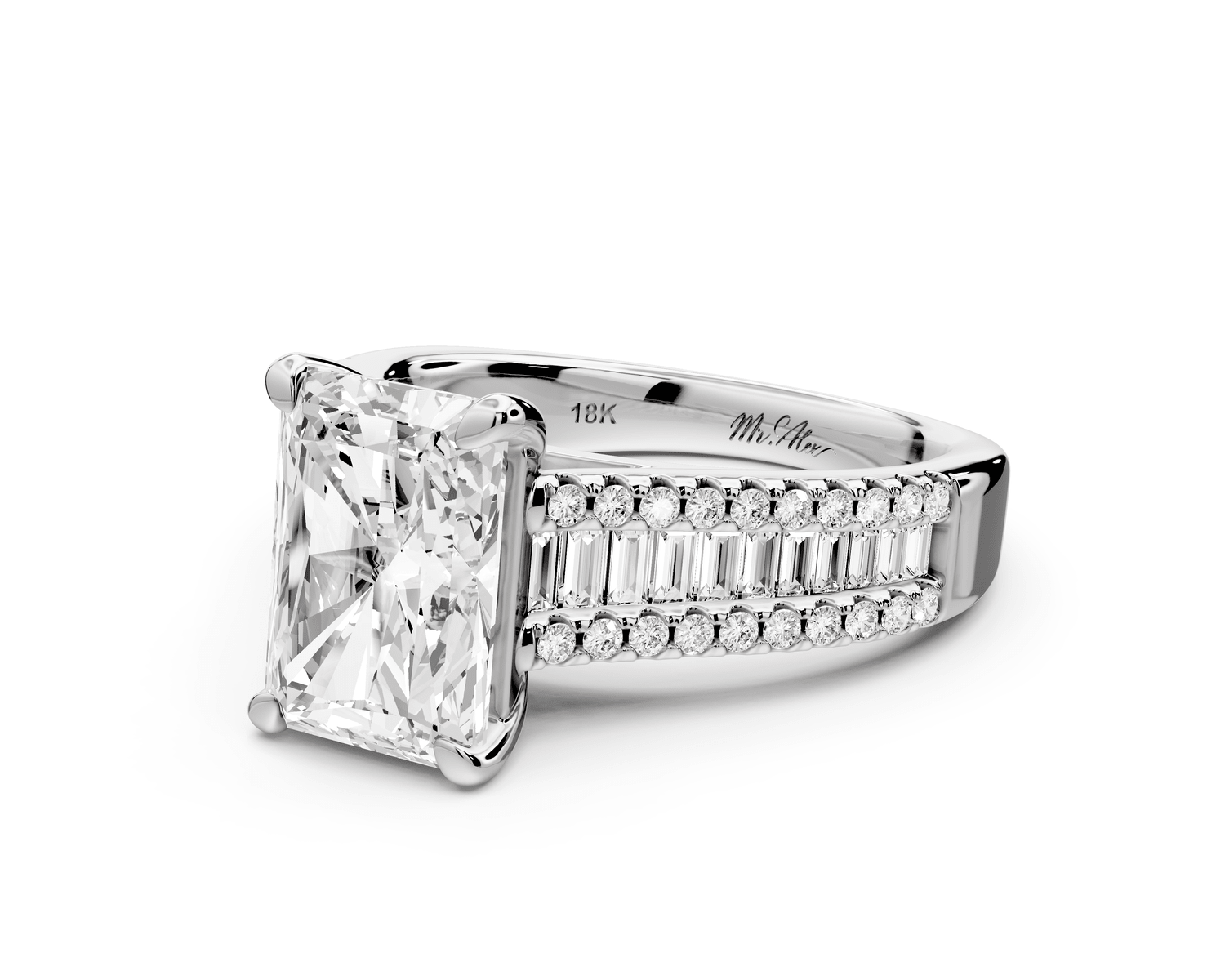 Estelle - 3ct 18k white gold radiant diamond with emerald and round cut accent stones half band cathedral engagement ring - Mr. Alex Jewelry