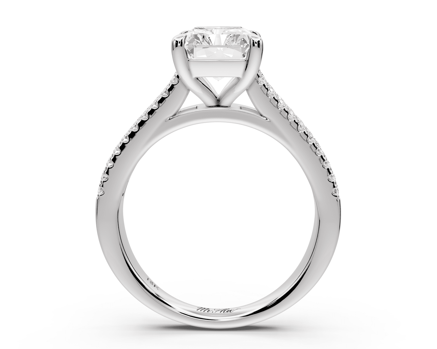 Estelle - 3ct 18k white gold radiant diamond with emerald and round cut accent stones half band cathedral engagement ring - Mr. Alex Jewelry
