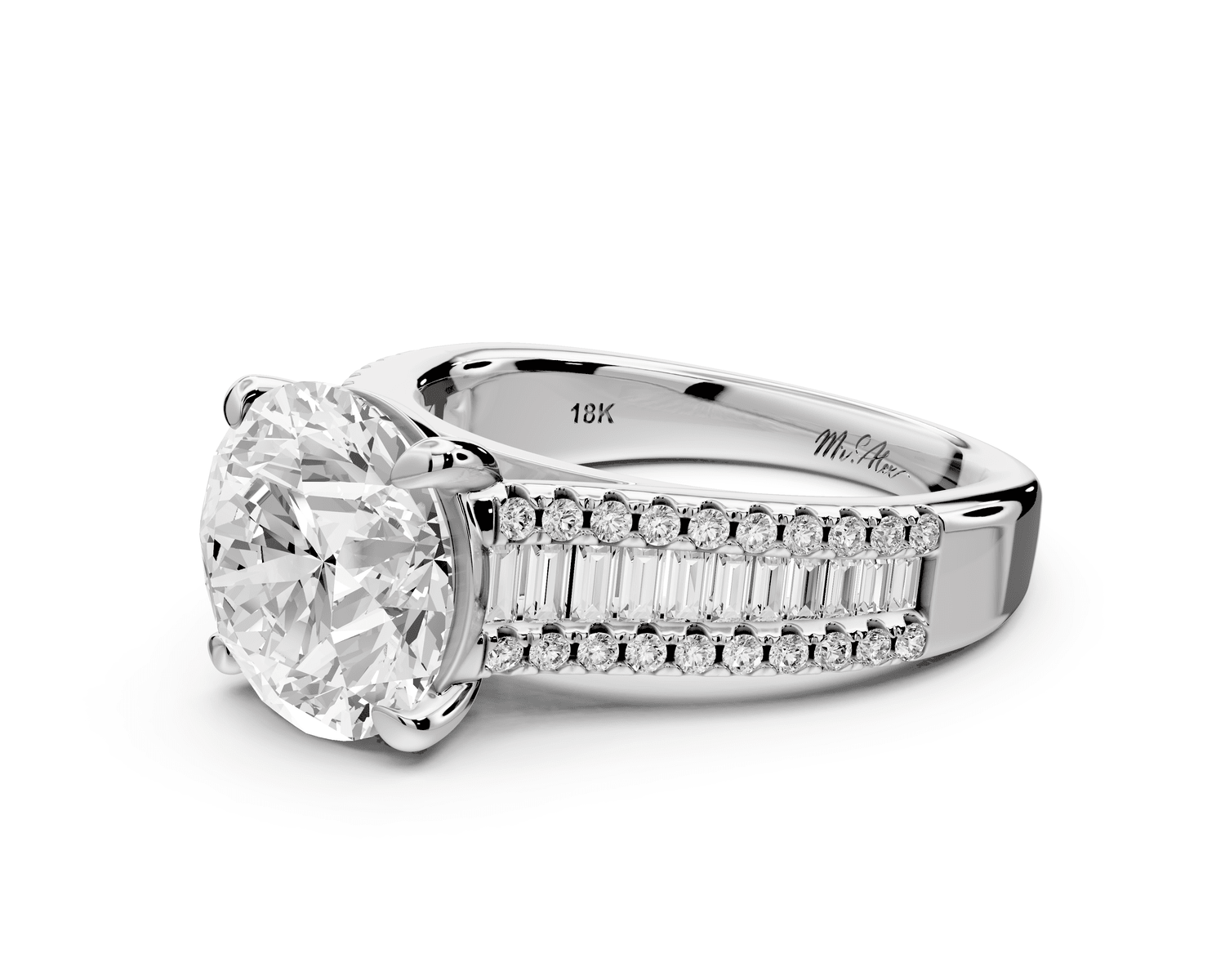 Estelle - 3ct 18k white gold round diamond with emerald and round cut accent stones half band cathedral engagamengt ring - Mr. Alex Jewelry