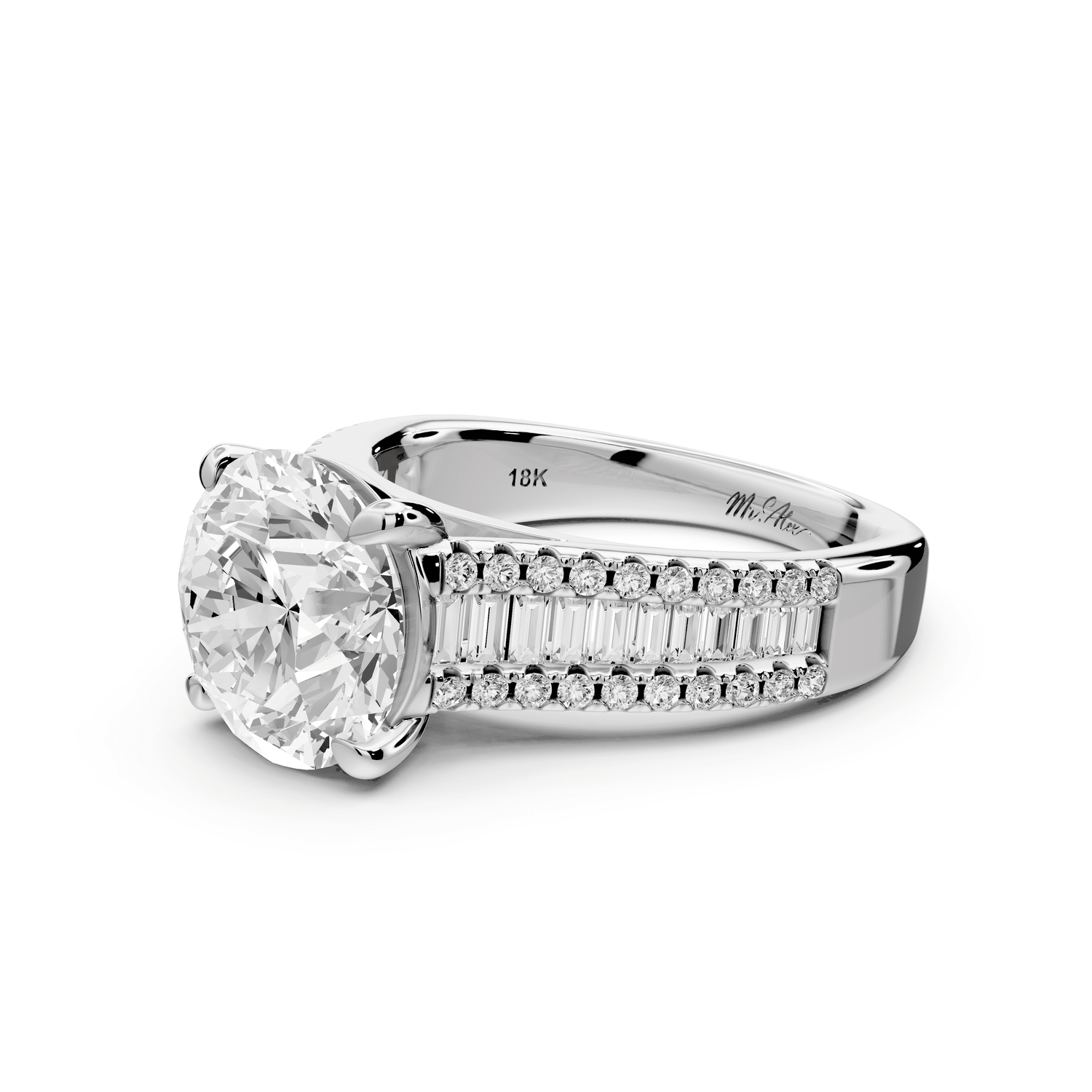 Estelle - 3ct 18k white gold round diamond with emerald and round cut accent stones half band cathedral engagamengt ring - Mr. Alex Jewelry