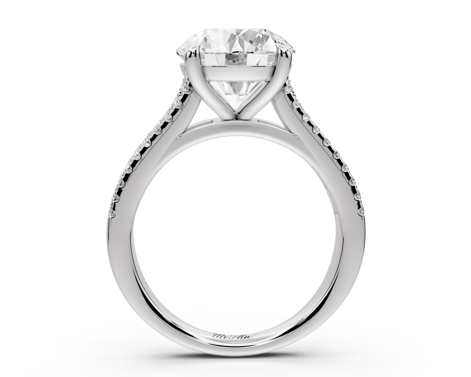 Estelle - 3ct 18k white gold round diamond with emerald and round cut accent stones half band cathedral engagamengt ring - Mr. Alex Jewelry