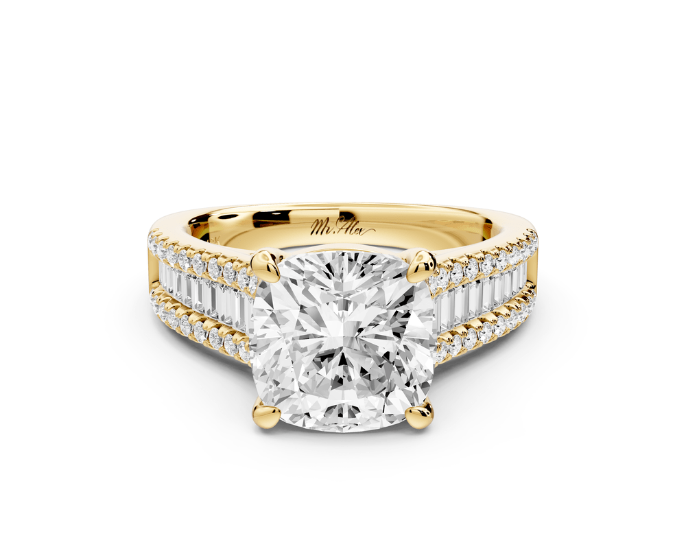 Estelle - 3ct 18k yellow gold cushion diamond with emerald and round cut accent stones half band cathedral engagement ring - Mr. Alex Jewelry