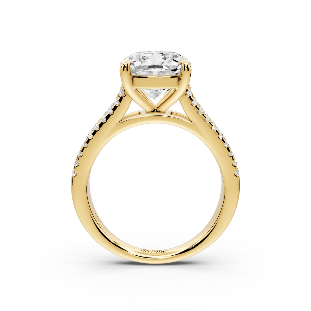 Estelle - 3ct 18k yellow gold cushion diamond with emerald and round cut accent stones half band cathedral engagement ring - Mr. Alex Jewelry