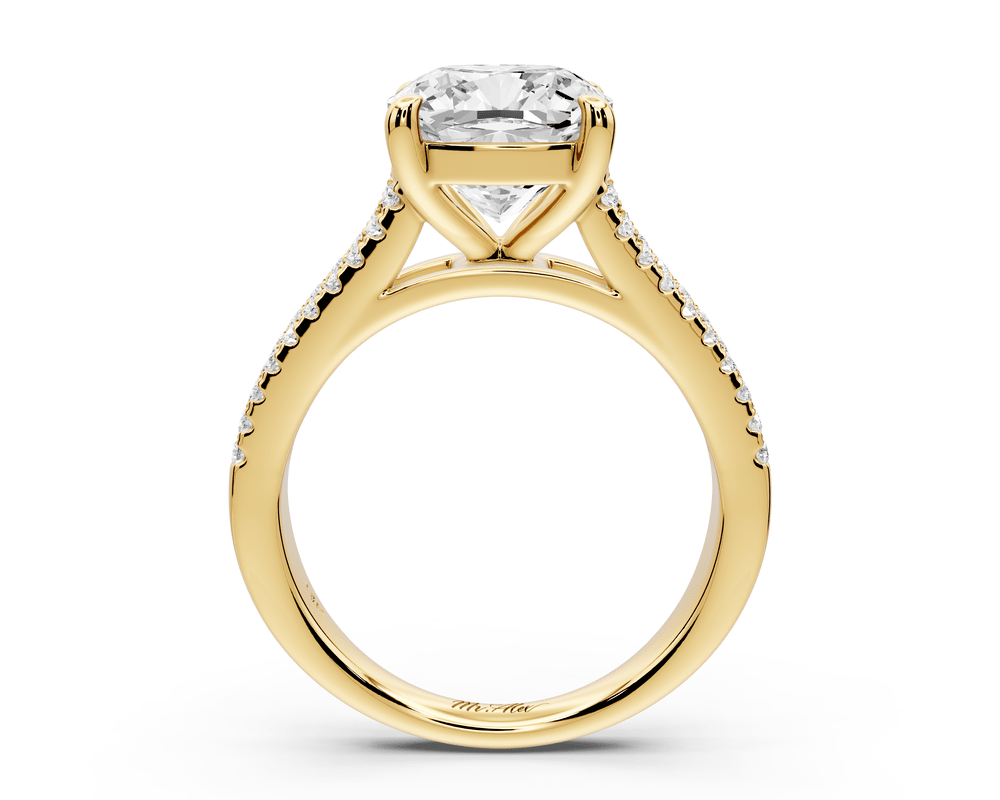 Estelle - 3ct 18k yellow gold cushion diamond with emerald and round cut accent stones half band cathedral engagement ring - Mr. Alex Jewelry