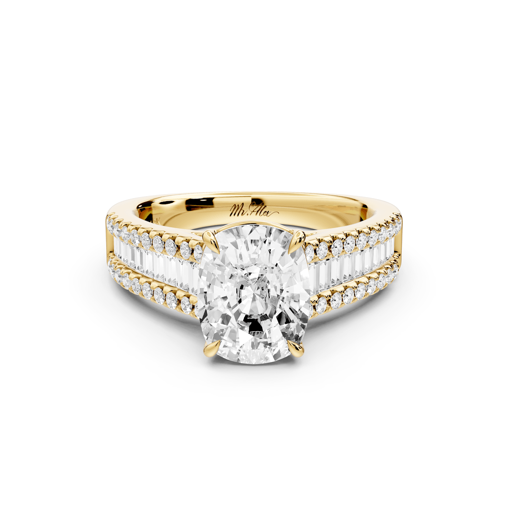 Estelle - 3ct 18k yellow gold ecushion diamond with emerald and round cut accent stones half band cathedral engagement ring - Mr. Alex Jewelry