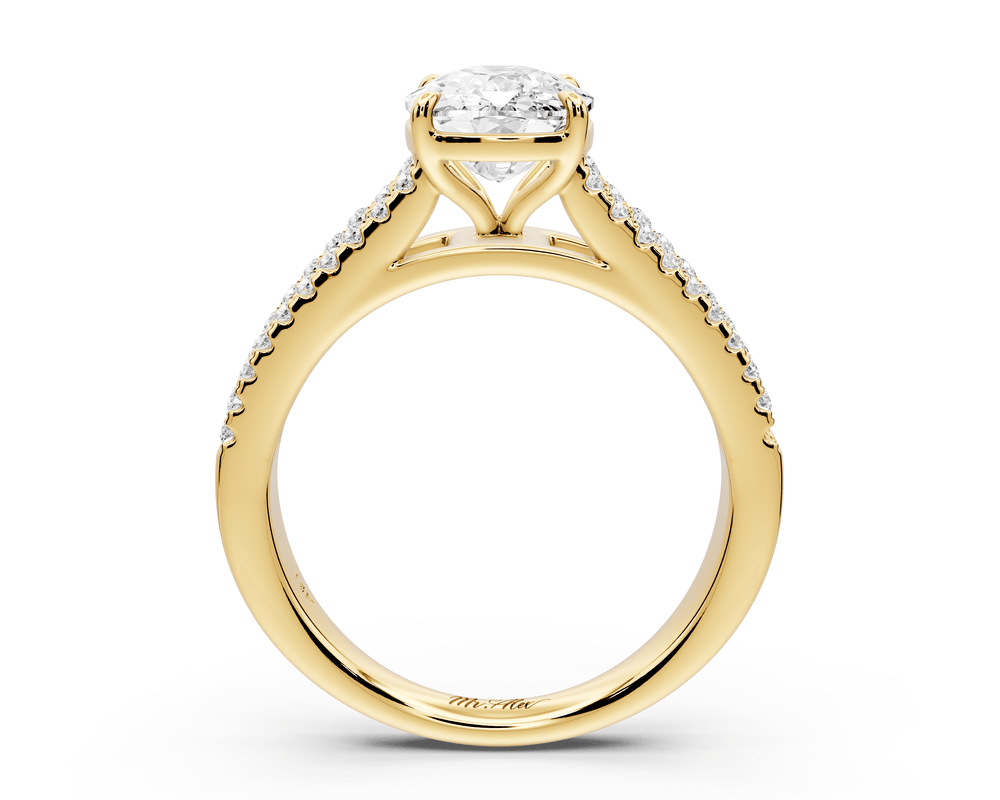 Estelle - 3ct 18k yellow gold ecushion diamond with emerald and round cut accent stones half band cathedral engagement ring - Mr. Alex Jewelry