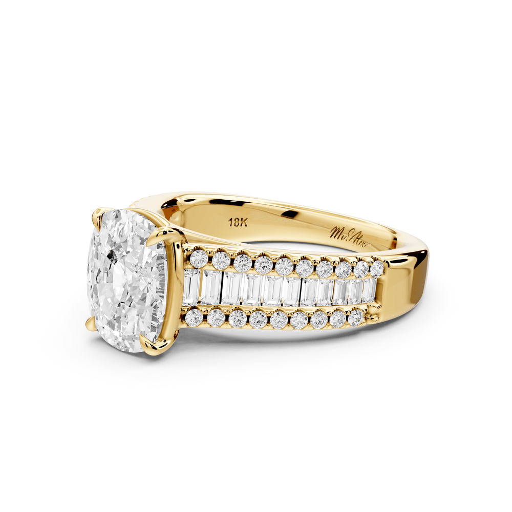 Estelle - 3ct 18k yellow gold ecushion diamond with emerald and round cut accent stones half band cathedral engagement ring - Mr. Alex Jewelry