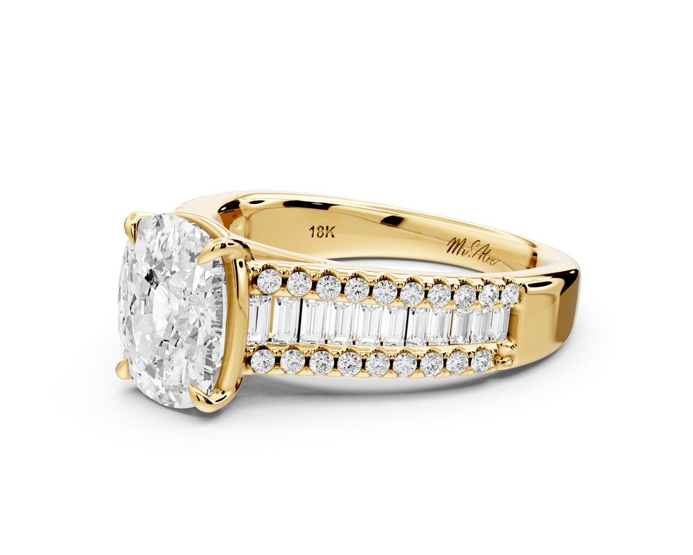 Estelle - 3ct 18k yellow gold ecushion diamond with emerald and round cut accent stones half band cathedral engagement ring - Mr. Alex Jewelry
