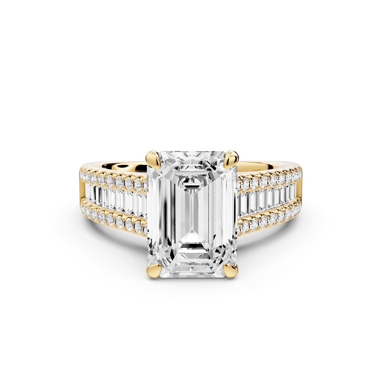 Estelle - 3ct 18k yellow gold emerald diamond with emerald and round cut accent stones half band cathedral engagamengt ring - Mr. Alex Jewelry