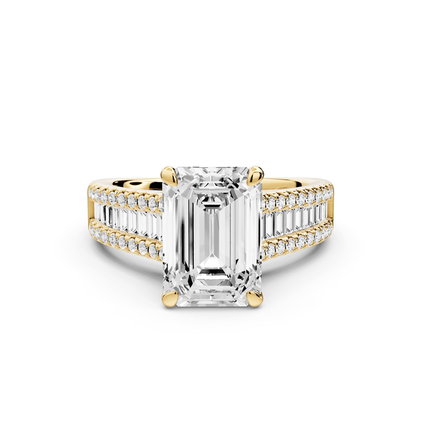 Estelle - 3ct 18k yellow gold emerald diamond with emerald and round cut accent stones half band cathedral engagamengt ring - Mr. Alex Jewelry