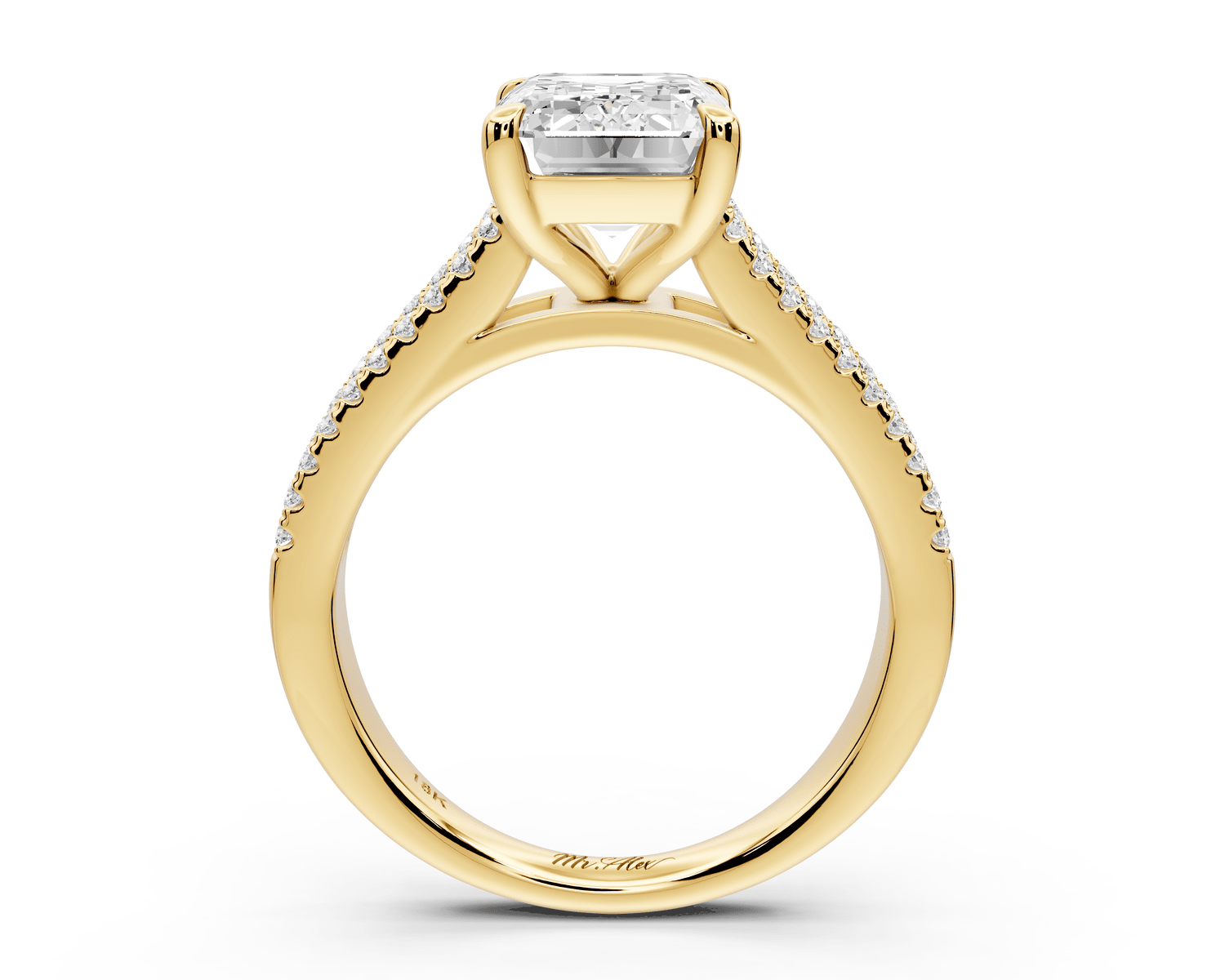 Estelle - 3ct 18k yellow gold emerald diamond with emerald and round cut accent stones half band cathedral engagamengt ring - Mr. Alex Jewelry